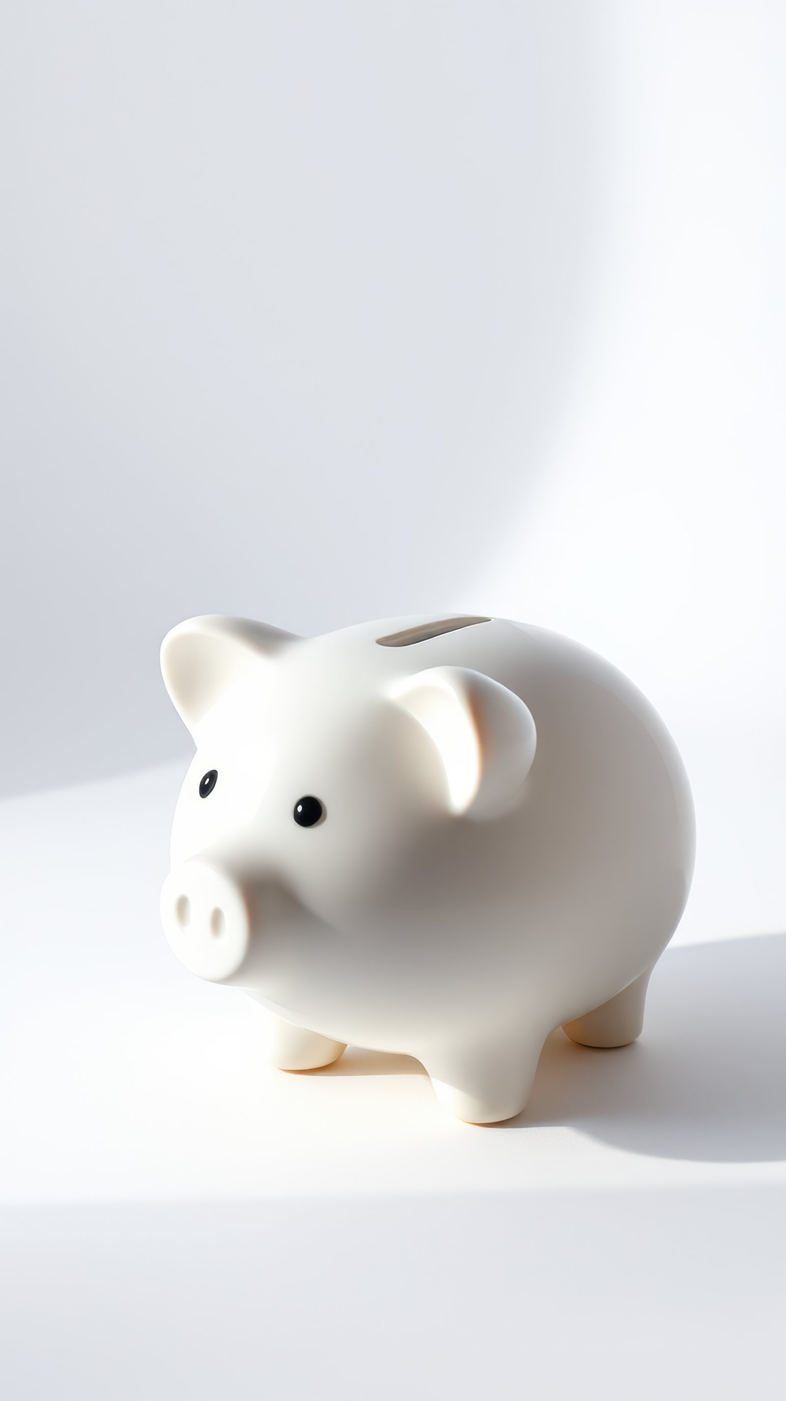 White piggy bank sitting on a light surface in bright lighting